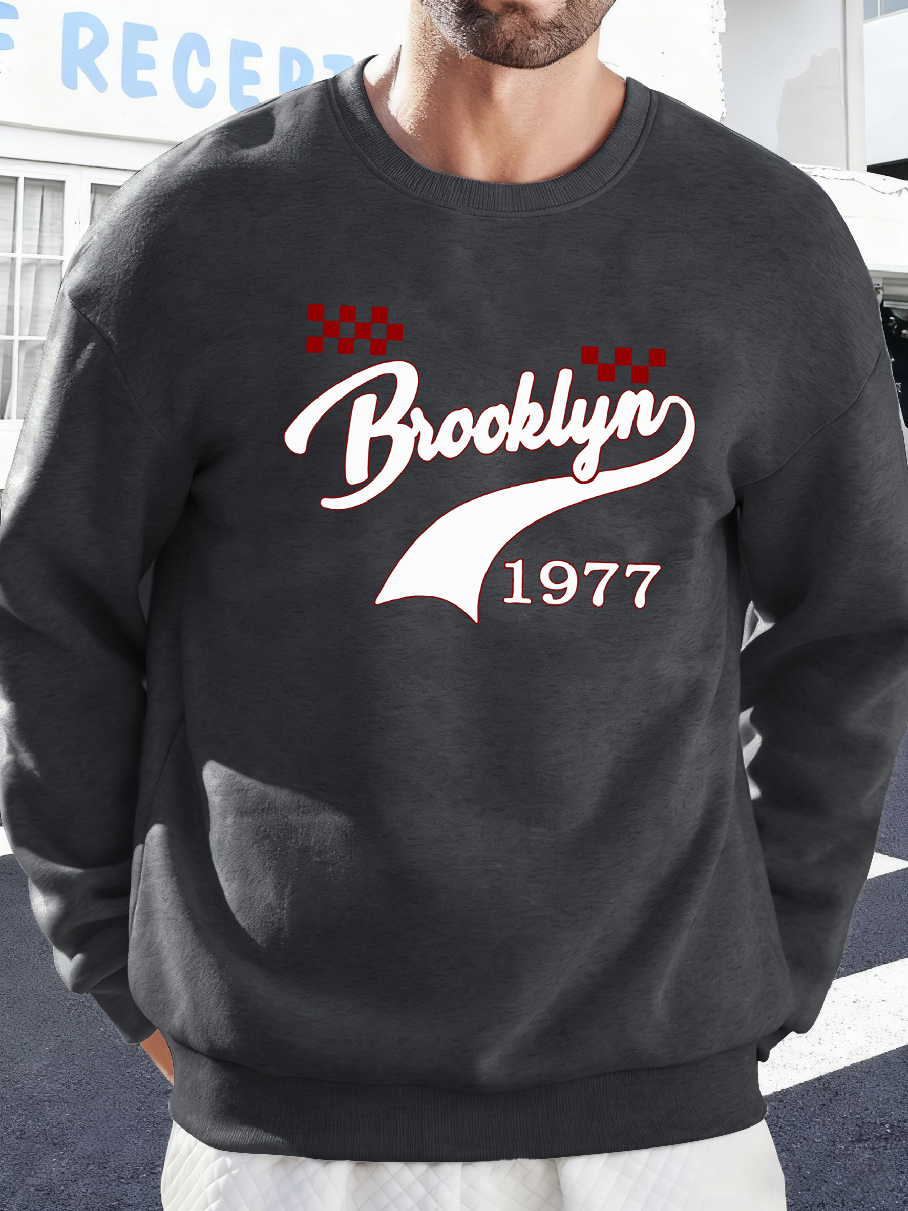 Oversized Crewneck Fleece - Brooklyn 1977 Creative Printed Men Autumn
