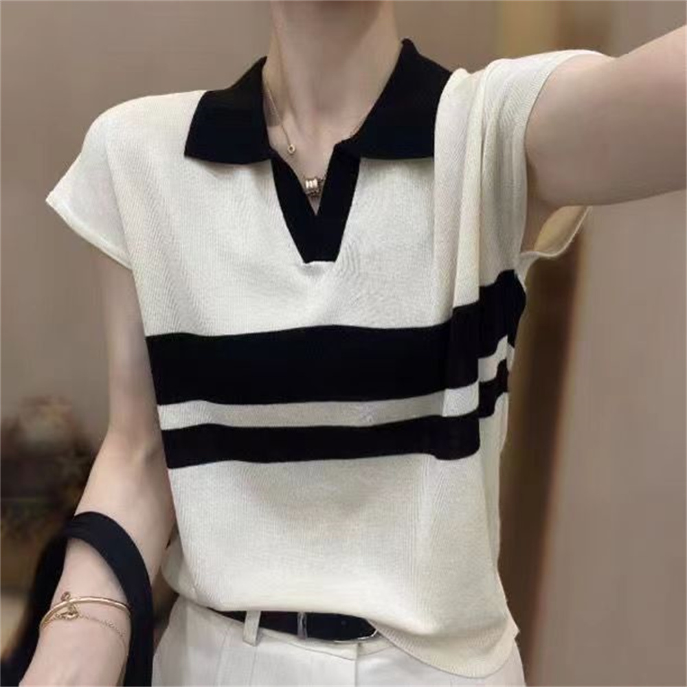 Street Fashion Korea - Polo Neck Solid Short Sleeve Knit