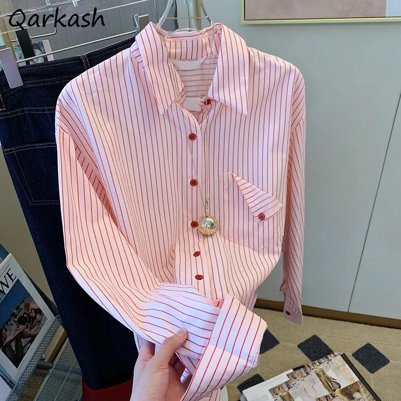 Street Fashion Korea - French Sweet Pink Striped Shirts Women