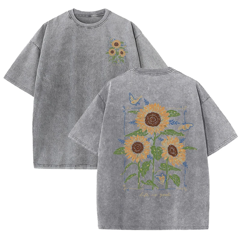 sunflower print washed T-shirt – Street Fashion Shanghai recenzja i cena