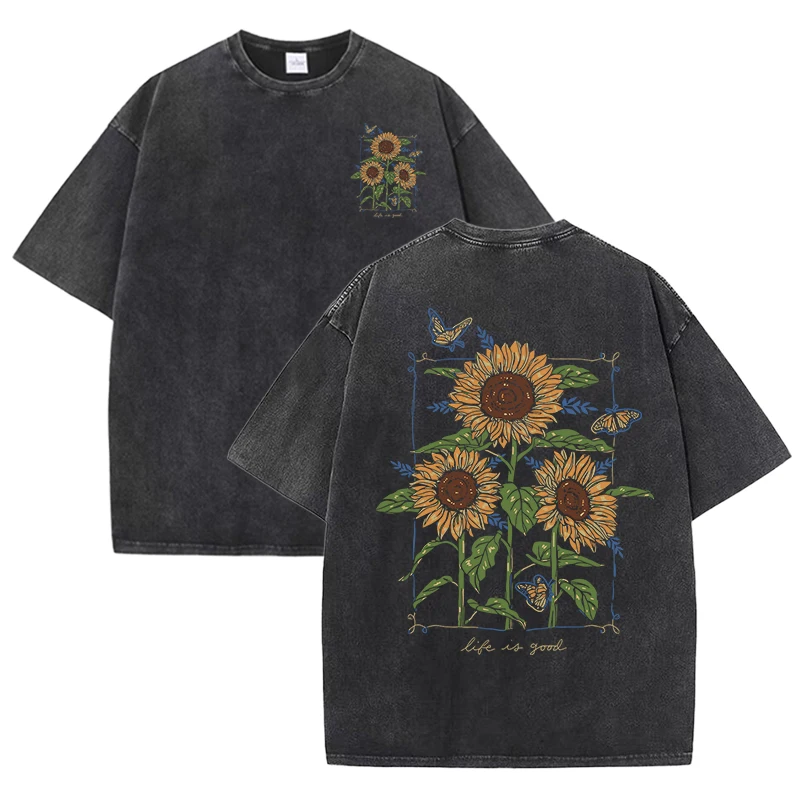 sunflower print washed T-shirt – Street Fashion Shanghai recenzja i cena