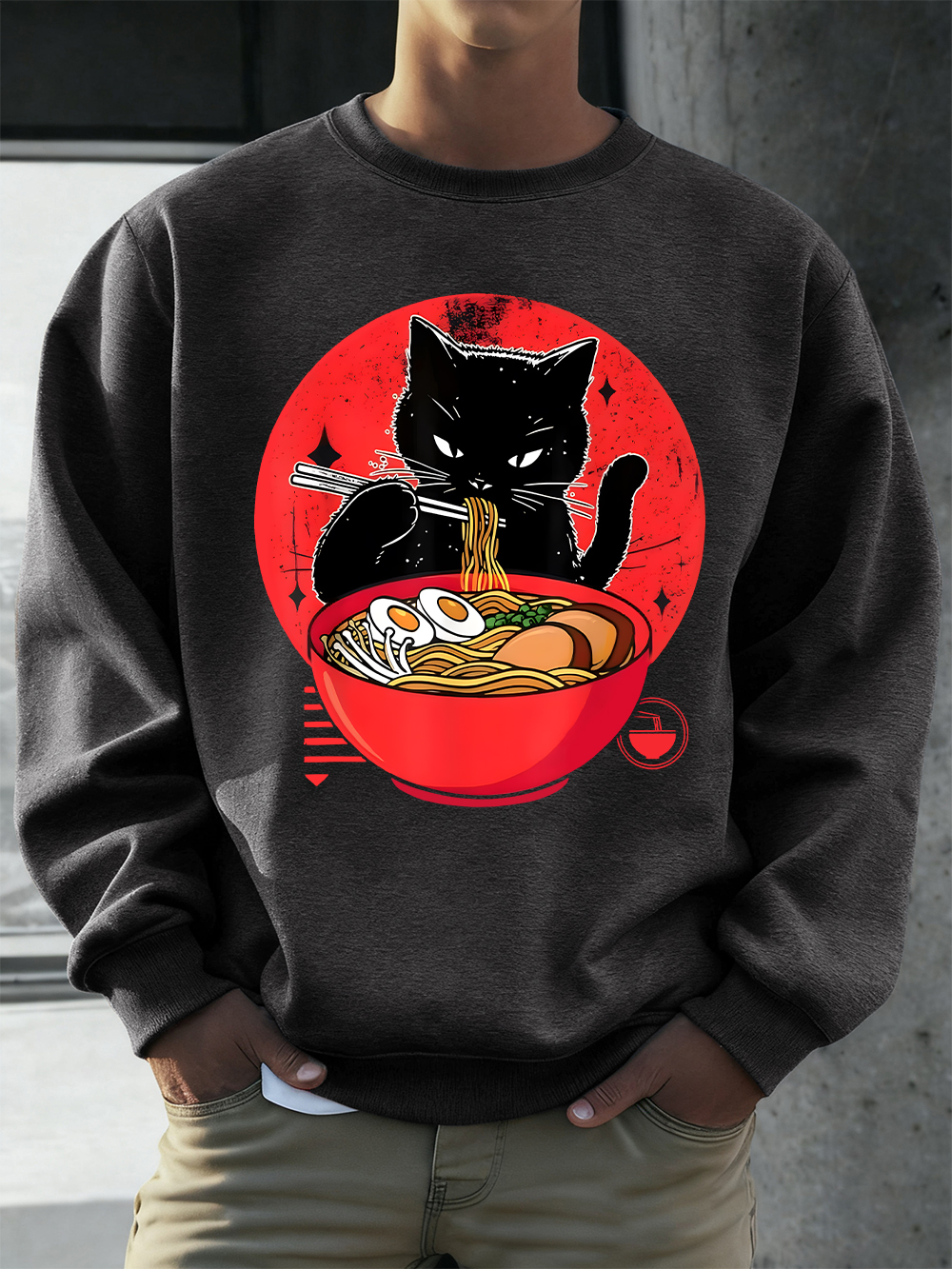 Cat Enjoy Lamian Noodles Print – Oversized Crewneck Fleece recenzja i cena