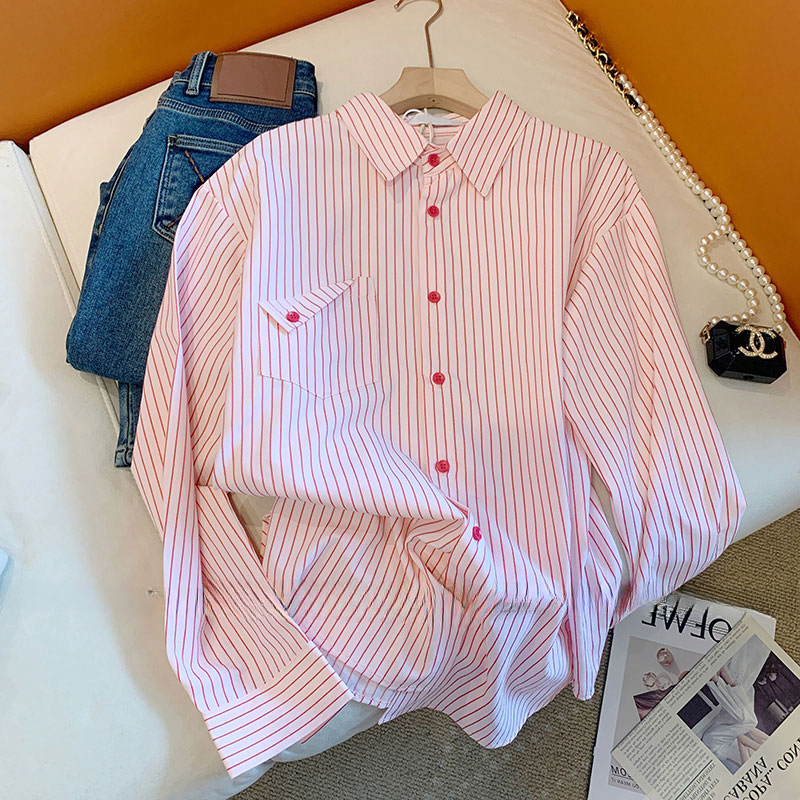 French Sweet Pink Striped Shir – Street Fashion Korea recenzja i cena