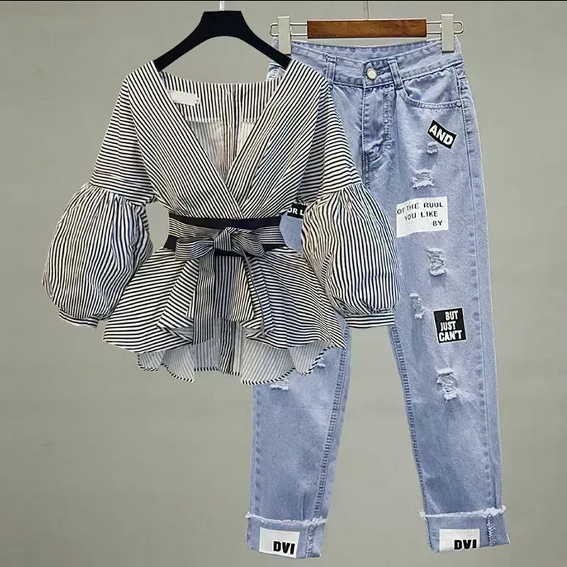 Women Elegant V-Neck Stripe La – Street Fashion Korean recenzja i cena