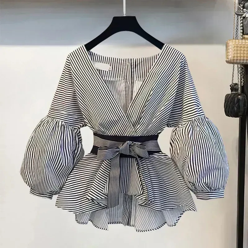Women Elegant V-Neck Stripe La – Street Fashion Korean recenzja i cena