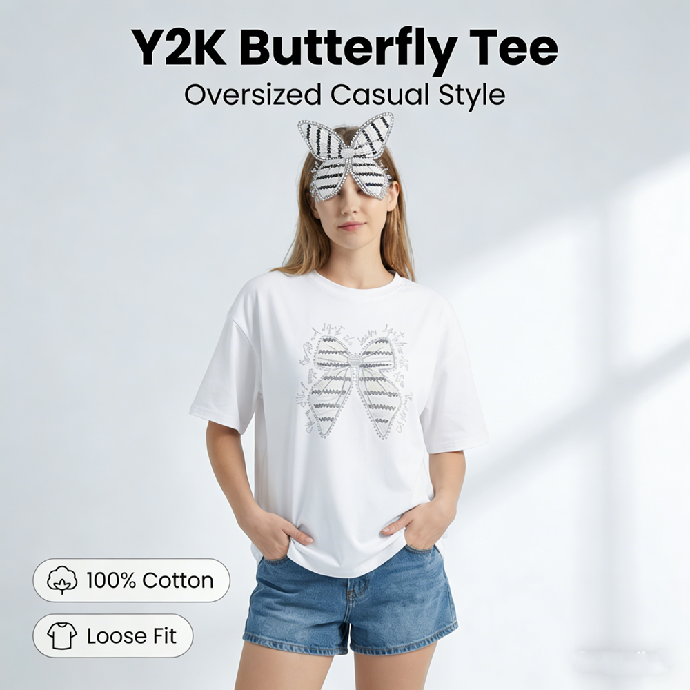 Women's Butterfly Embroidery R – Longline Tee Oversized recenzja i cena
